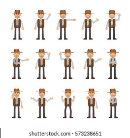 Set of cowboy characters showing different hand gestures. Cheerful cowboy showing thumb up, pointing, greeting, victory, stop sign and other hand gestures. Simple vector illustration