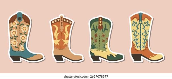 Set of cowboy and cowgirl boots stickers in flat style. Fun and colorful western-themed illustrations featuring different boot designs, ideal for planners, scrapbooks, stationery, or themed crafts.