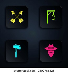 Set Cowboy, Crossed arrows, Tomahawk axe and Gallows. Black square button. Vector