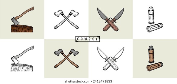 Set of cowboy design elements with axe, bullet, knife. Various objects. Cowboy theme. Hand drawn colored Vector set.