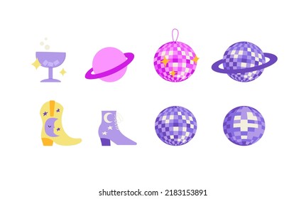 Set of cowboy disco party objects on isolated background. Disco ball, saturn planet, cocktail drink and cowgirl boots. Vector flat illustration