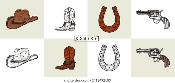 Conjunto de elementos de vaquero con, sombrero, botas, montura de herradura, revólver, velo. Varios objetos. Tema de vaqueros. Establecer vector de iluminación occidental dibujado a mano de colección