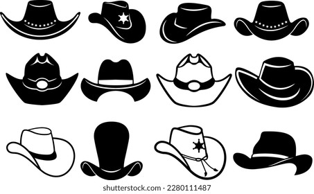 Juego de iconos de sombrero de vaquero. vector de contorno y silueta. ilustración de sombreros negros aislados en blanco