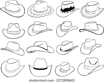 Conjunto de arte de la línea vectorial del sombrero de vaquero