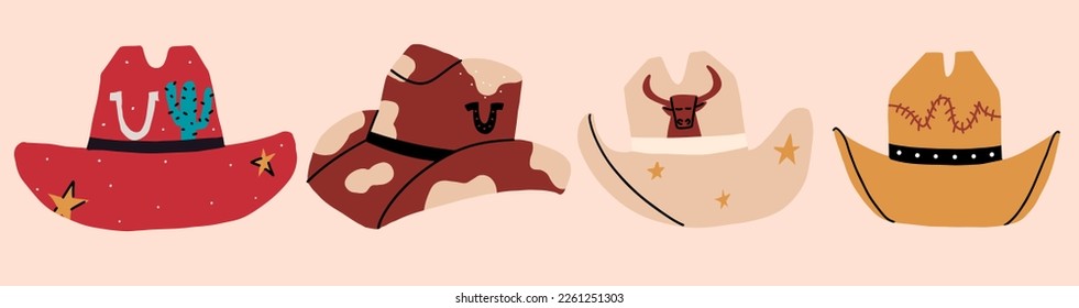 Set of cowboy hats with different ornaments, cactus, horseshoe, stars. Vector hand drawn illustration
