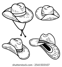 Set of cowboy hats hand drawn doodle. Wild west headdress. Felt clothing accessory. Western, rodeo. Ranch, farm. Leather hat with folded brim. Vector line art illustration.