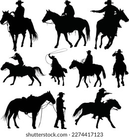 Set of cowboy and horse silhouettes. Western riding vector collection