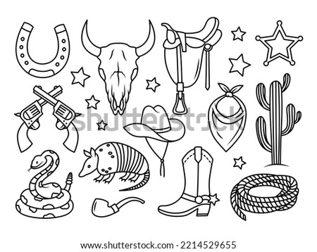Set of cowboy object. Collection of wild west items boots, cactus, snake, skull, horseshoe, sheriff badge star. Western theme. Vector illustration on white background.