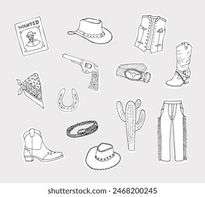 Set of cowboy objects. Collection of wild-west items boots, cactus, horseshoe, cowboy hat, boots, gun, and bandana. Western theme. Hand-drawn vector illustration 