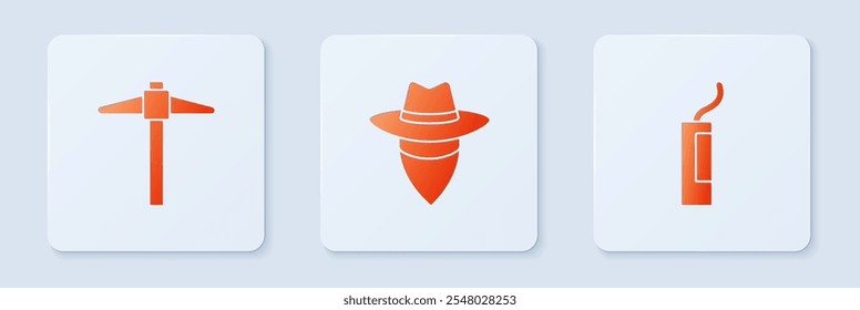 Set Cowboy, Pickaxe and Dynamite bomb. White square button. Vector