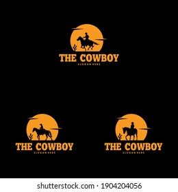 Set of Cowboy Riding Horse Silhouette at Night Logo