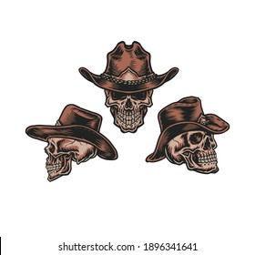 Conjunto de Cowboy Skull, estilo de línea dibujado a mano con color digital, ilustración vectorial
