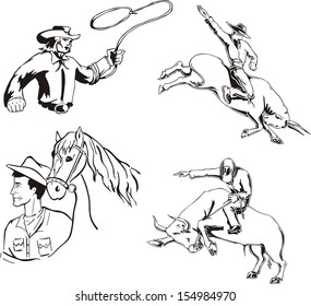 Set of cowboys. Black and white vector illustrations.