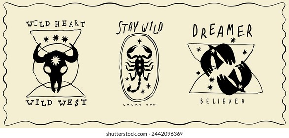 Set of cowboys design print elements. Cow skull head, scorpion and bird