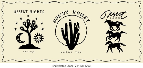 Set of cowboys design print elements. Horse, cactus and tree
