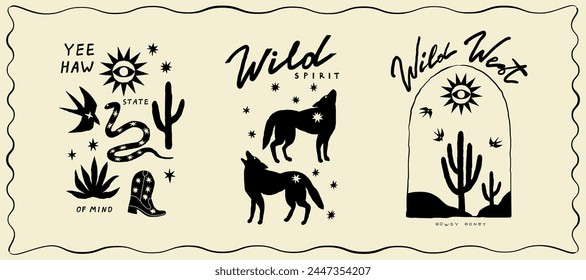 Conjunto de Elementos de estampado de diseño vaquero. Coyotes, cactus y serpientes