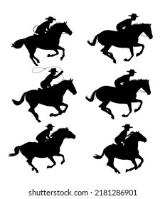 Set of Cowboys ride horses. Picture silhouette. Riders on horseback. Isolated on white background. Vector