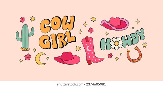 Set von Cowgirl-Accessoires und großartige Schriften. Cowboystiefel, Hut, Kakteen und Hufeisen. Vektorgrafik im Retro-Stil