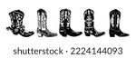 Set of Cowgirl boots black and white monochrome graphic. Cowboy boots stylized hand drawn engraved vector illustration isolated on white background. Wild West concept.