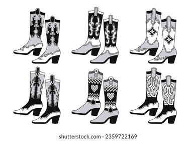 Set of cowgirl boots. Black and white cowgirl boots with decorative details. Various cowgirl boots, stickers.  Cowboy western theme, wild west, texas. Illustration. Vector 