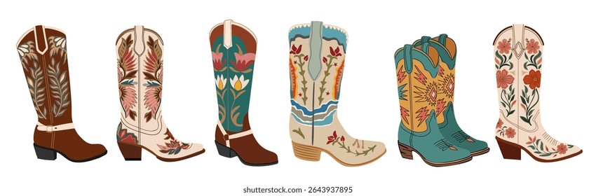 Conjunto de botas de vaqueira com estilo ocidental tradicional e ornamentos Wild West bordados. Coleção de bota vintage na moda perfeita para temas de país. Isolado no fundo branco.