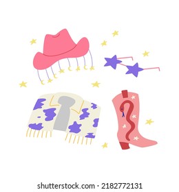 Set of cowgirl clothes and accessories. Vector illustration on isolated background. Disco party concept. Cowboy hat, jacket, star shape sunglasses and boots.