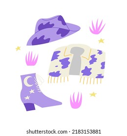 Set of cowgirl clothes and accessories. Vector illustration on isolated background. Disco party concept. Cowboy hat, jacket, boots, stars and grass.