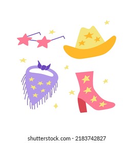 Set of cowgirl clothes and accessories. Vector illustration on isolated background. Disco party concept. Cowboy hat, bandana, star shape sunglasses and boots.