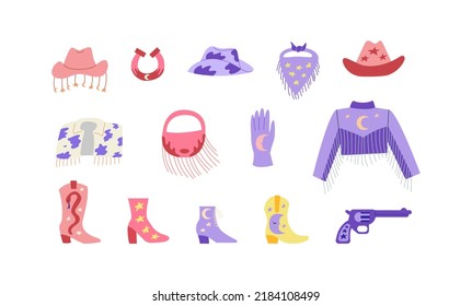 Set of cowgirl disco elements. Cowboy hat, bandana, jacket, bag, boots, horseshoe, gun, snake and bull skull. Vector illustration in wild west, western style on isolated background