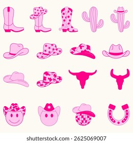 Set of Cowgirl Icons. Collection Babges. Vector Design Elements. Wild West, Western Themed, Y2K.