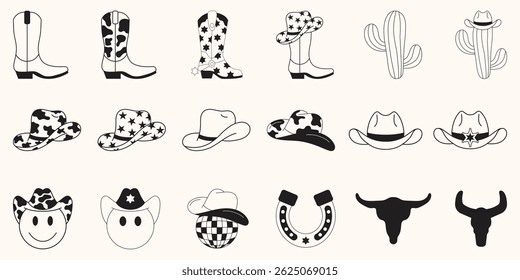 Set of Cowgirl Icons. Collection Babges. Vector Design Elements. Wild West, Western Themed, Y2K.