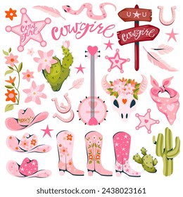 Set of cowgirl pink design elements. Cowgirl boots, hat, horseshoe, bandana, banjo, street sign, cow skull, snake, cactus and lettering. Female cowboy concept. Vector illustration in flat style. 