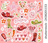 Set of cowgirl pink sticker design elements. Cowgirl boots, cowboy hat, disco ball, floral heart, chili pepper and lettering. Female cowboy concept. Vector illustration in flat style. 