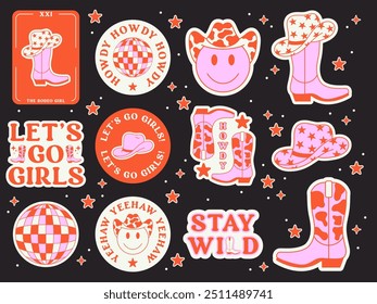 Conjunto de pegatinas rosa vaquera. Elementos de diseño de Vector. Colección de botas de vaquera, sombrero y bola de discoteca. Wild West, Western Themed, Y2K.