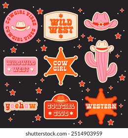 Conjunto de pegatinas de vaquera. Elementos de diseño de Vector. Colección de Cowgirl. Wild West, Western Themed, Y2K.