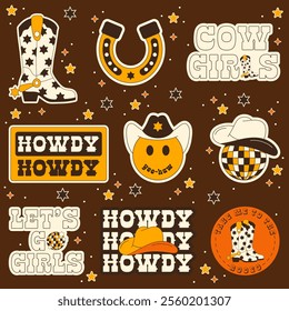 Set of Cowgirl Stickers. Vector Design Elements. Collection of Cowgirl. Wild West, Western Themed, Y2K.