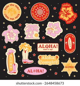 Conjunto de adesivos de Cowgirl. Elementos de design vetorial. Coleção do Havaí. Aloha, Surf, Y2K.