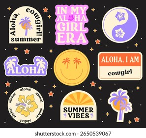 Conjunto de adesivos de Cowgirl. Elementos de design vetorial. Coleção do Havaí. Aloha, Surf, Y2K.