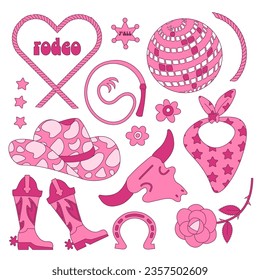 Set of cowgirl stuff in the wild west. Pink famale cowboy accessories and attributes - disco ball, boots, hat. Bright pink fashionable flat contour style. Barbiecore and lettering. Vector illustration