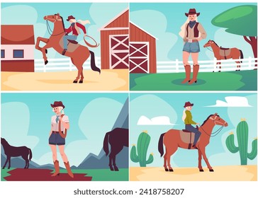 Set of cowgirls with horses at ranch and in desert. Young women wearing cowboy style clothes riding horse, hold lasso, spend time at farm. Flat vector illustration designs for poster, card, banner.