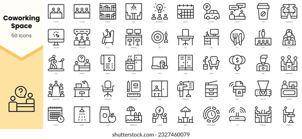 Conjunto de iconos de espacio de coworking. Paquete de iconos de estilo de arte de línea simple. Ilustración del vector