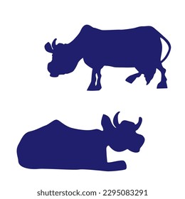 Set of cows. Black, blue silhouette cow isolated on white. Hand drawn vector illustration. Eps 10. Vector illustration.