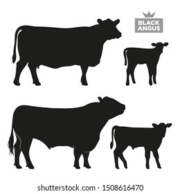 Set of cows. Black silhouette bull, cow and calfs isolated on white. Breed Black Angus. Hand drawn vector illustration.