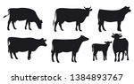 Set of cows. Black silhouette cow isolated on white. Hand drawn vector illustration.