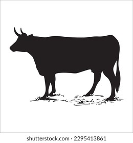 Set of cows. Black silhouette cow isolated on white. Hand drawn vector illustration