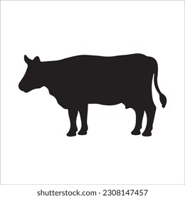 Set of cows. Black silhouette cow isolated on white. Hand drawn vector illustration.