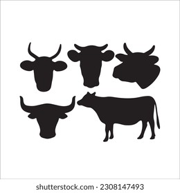 Set of cows. Black silhouette cow isolated on white. Hand drawn vector illustration.