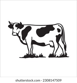 Set of cows. Black silhouette cow isolated on white. Hand drawn vector illustration.