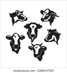 Conjunto de vacas. Vaca de silueta negra aislada en blanco. Ilustración vectorial dibujada a mano.