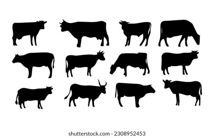Set of cows. Black silhouette cow isolated on white. Hand drawn vector illustration